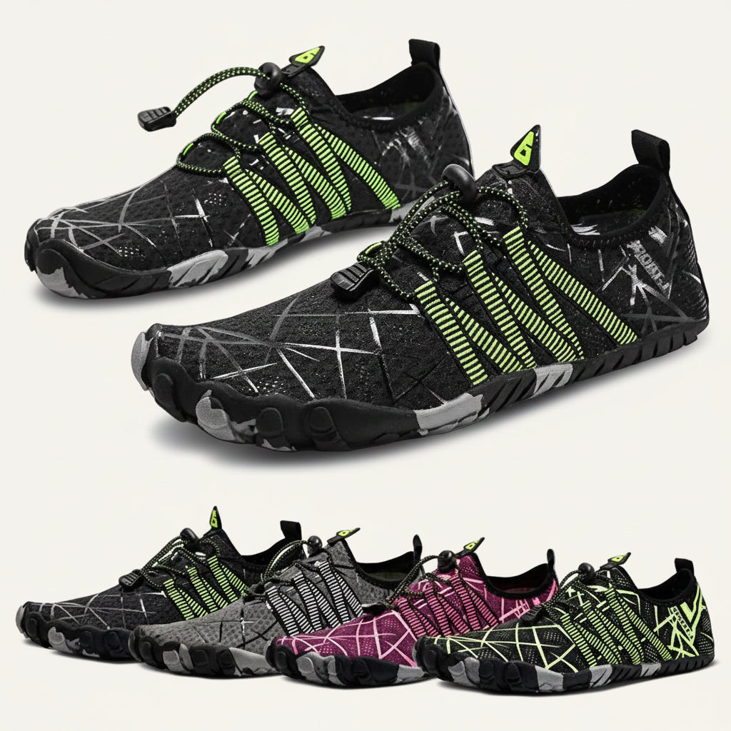 WaveCraft barfota vattenskor vuxna – kollektionsbild med alla färger svart, grå, rosa och grön | footflow