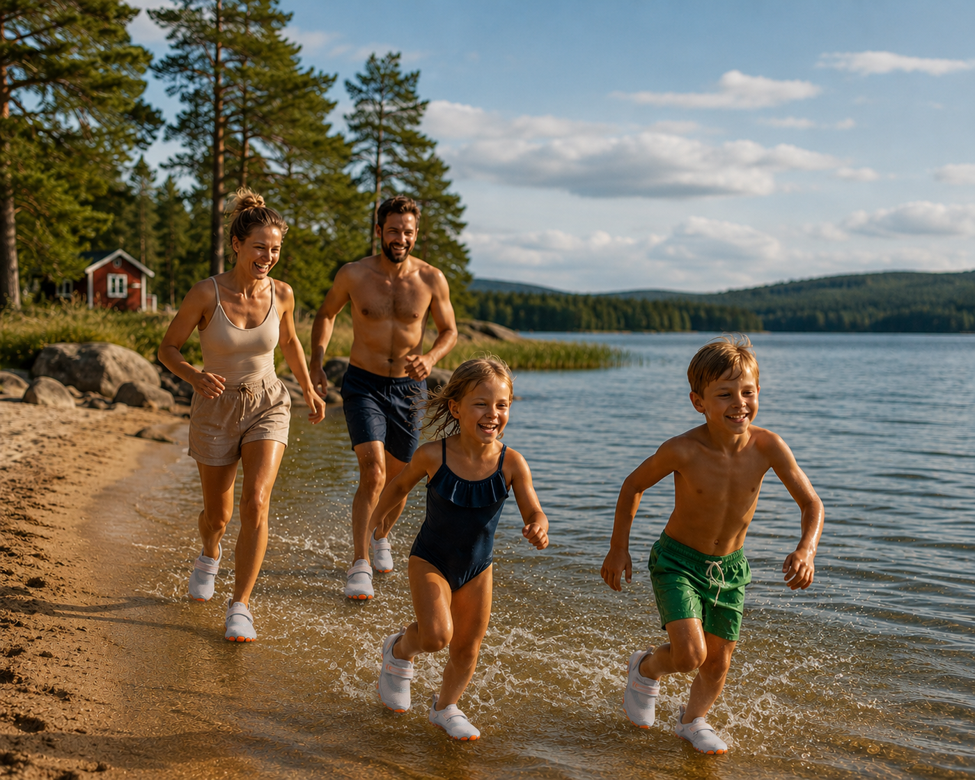 Family cycling on a forest path