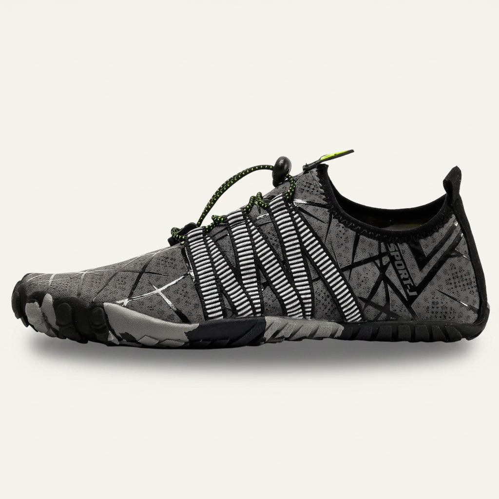WaveCraft barfota vattenskor vuxna grå – sidovy med flexibelt meshtyg och halkfri sula | footflow