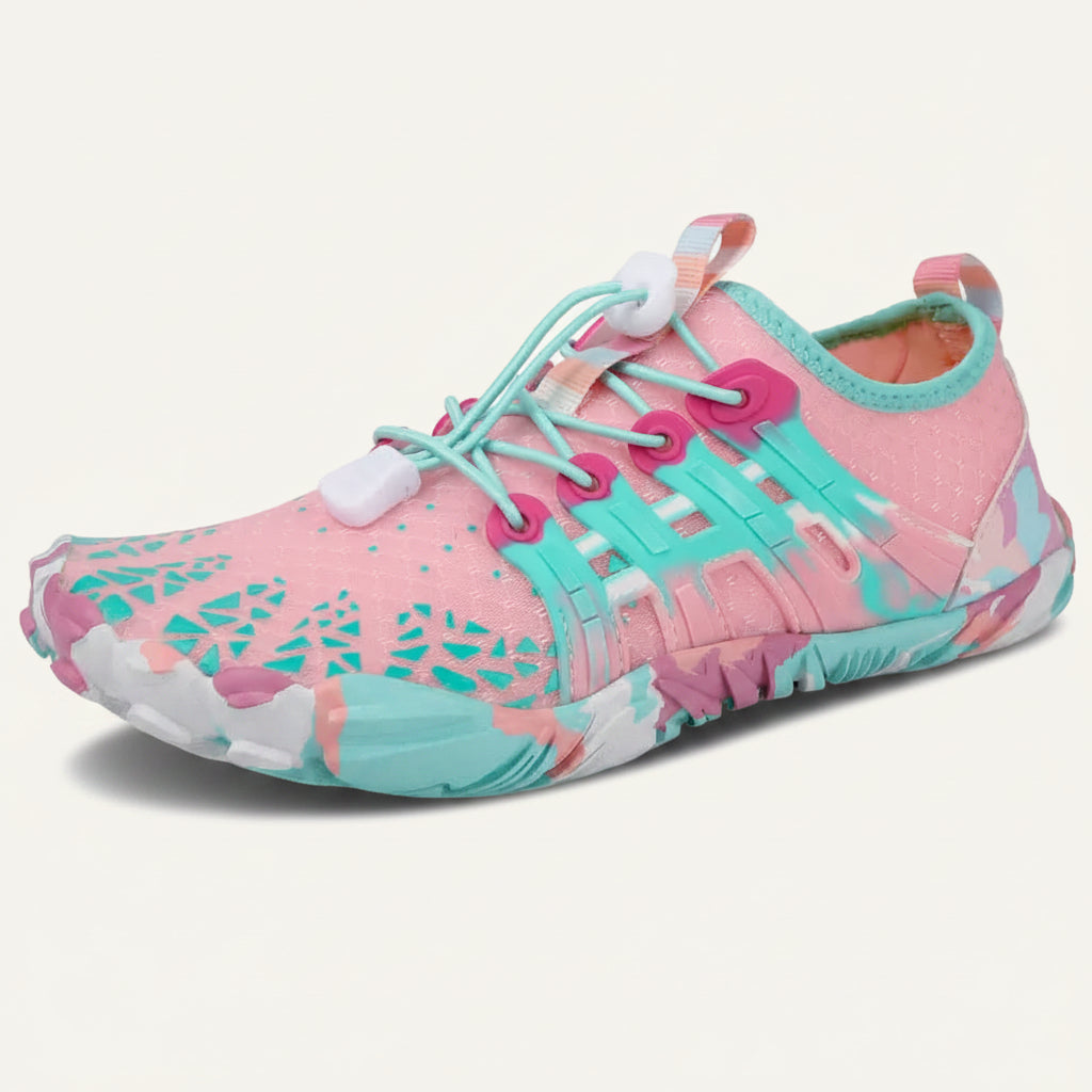 CrystalWave barfota vattenskor vuxna rosa/cyan – produktbild med crystal-mönster brett tåbox och halkfri sula | footflow